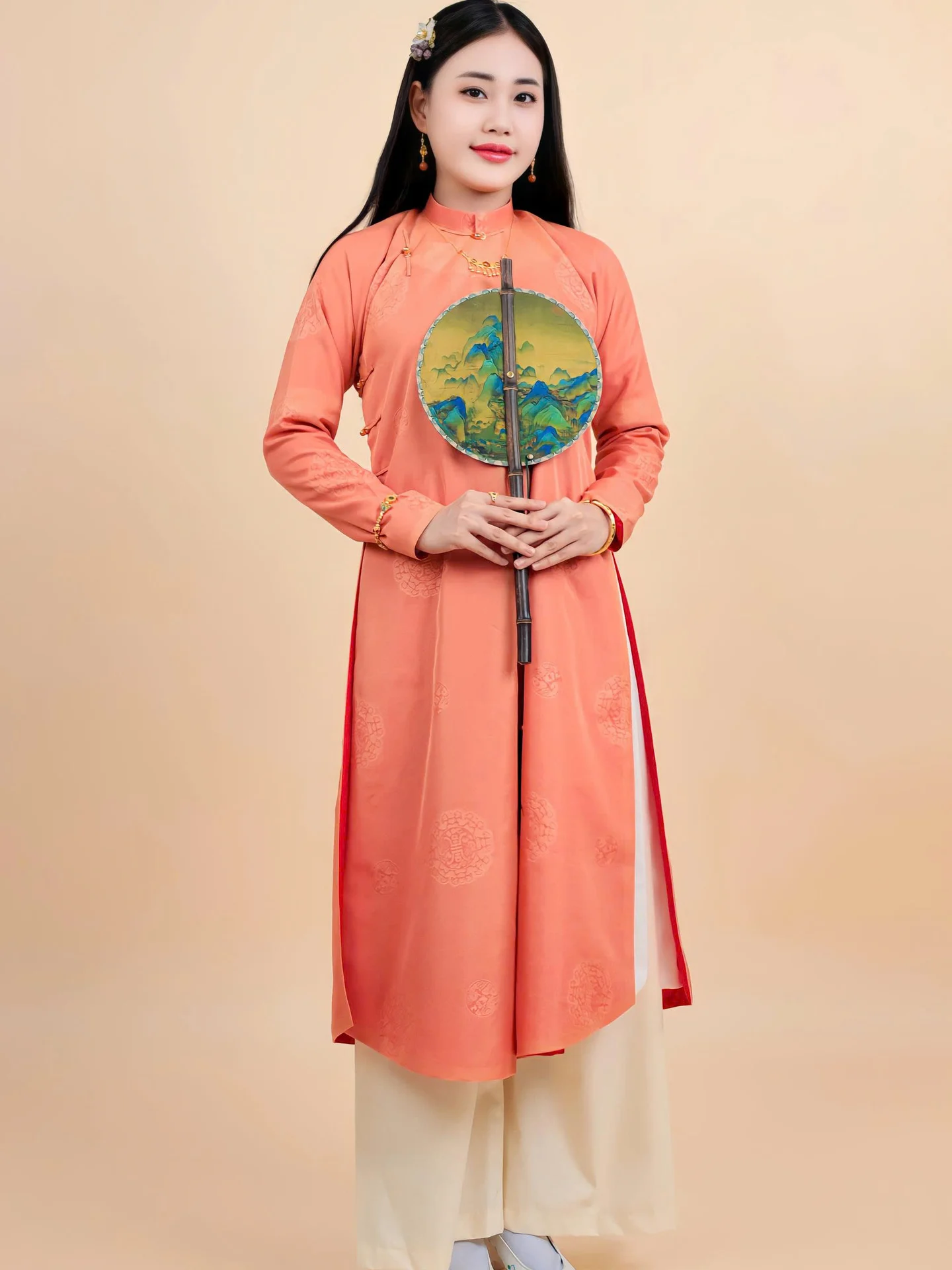 Áo dài ngũ thân Sa Hàn Chữ Thọ