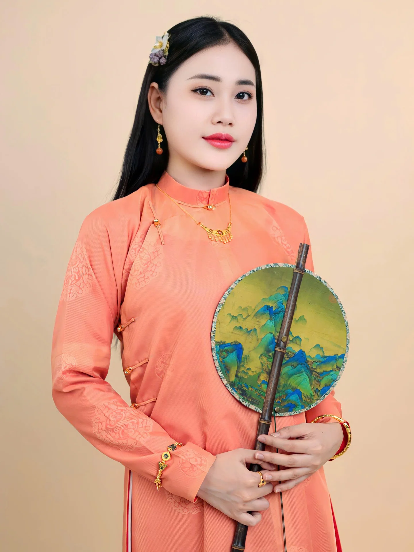 Áo dài ngũ thân Sa Hàn Chữ Thọ