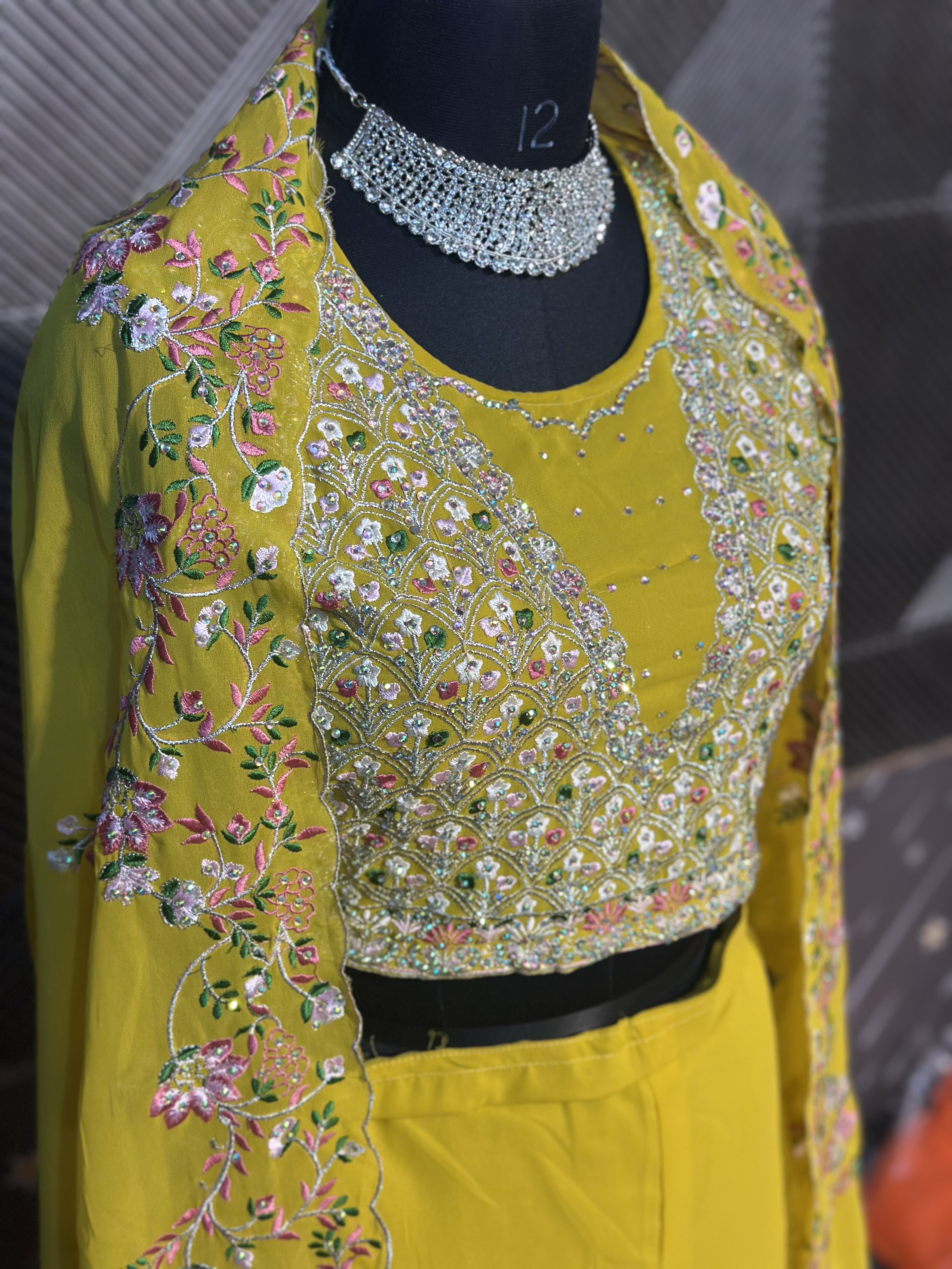 Embroidered Yellow Crop Top and Flared Pants Set