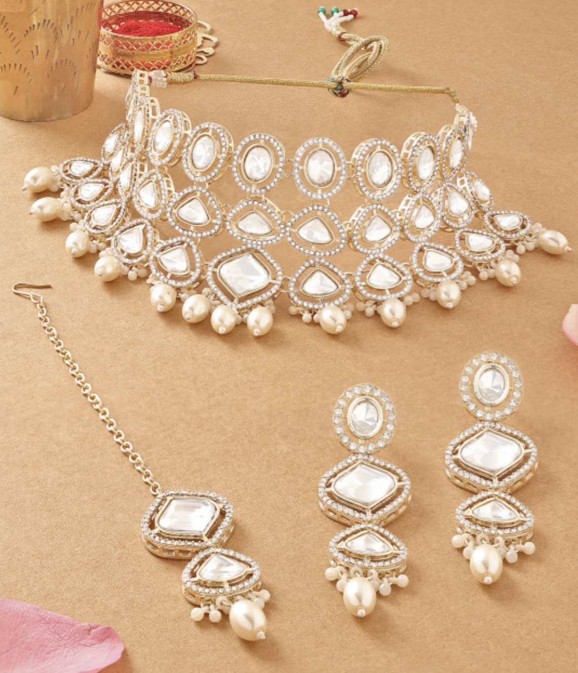 Beautiful Gold Plated Stones Studded & Beaded Jewellery Set