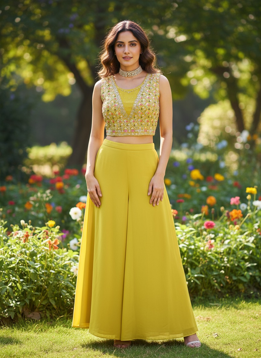 Embroidered Yellow Crop Top and Flared Pants Set