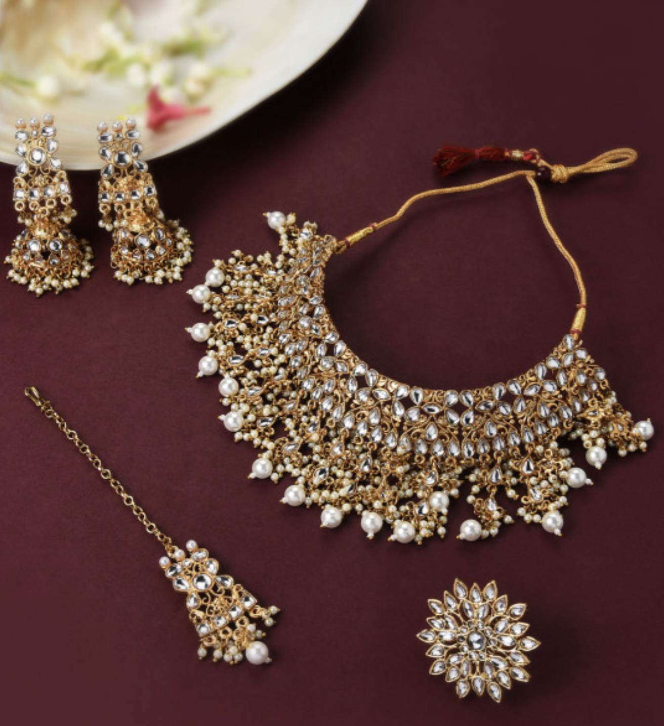 Traditional Gold-Plated & White Studded Kundan & Beaded Jewellery Set