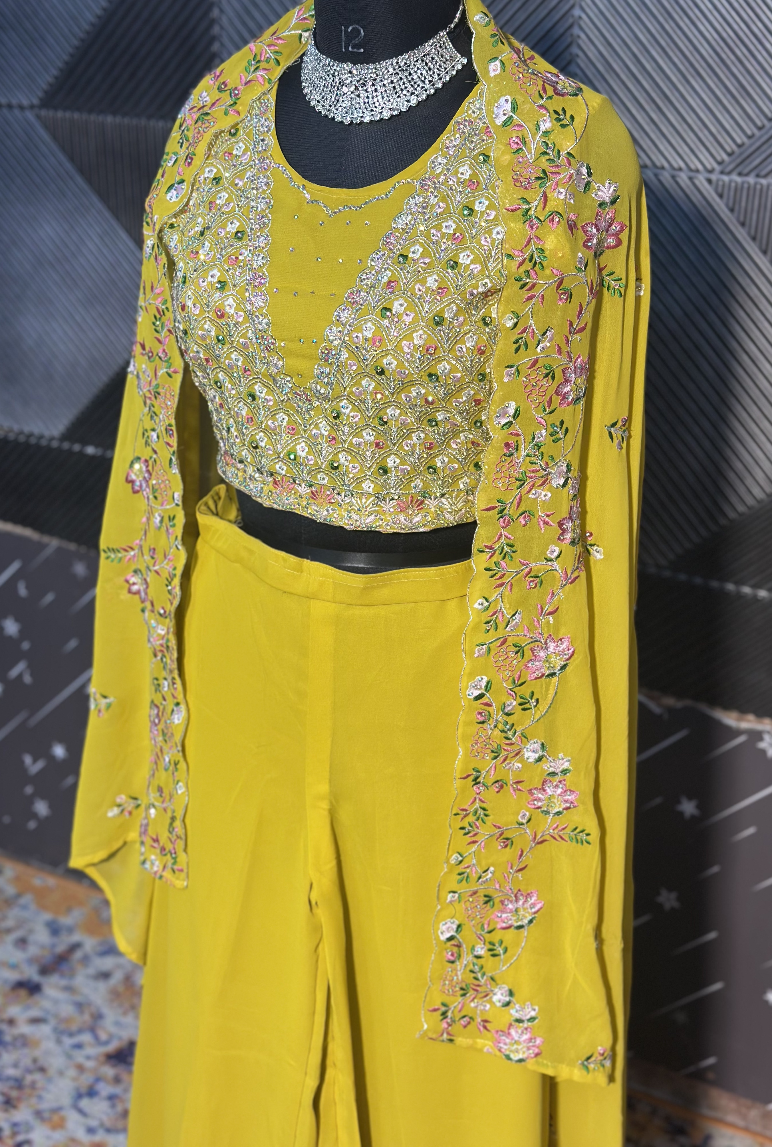 Embroidered Yellow Crop Top and Flared Pants Set