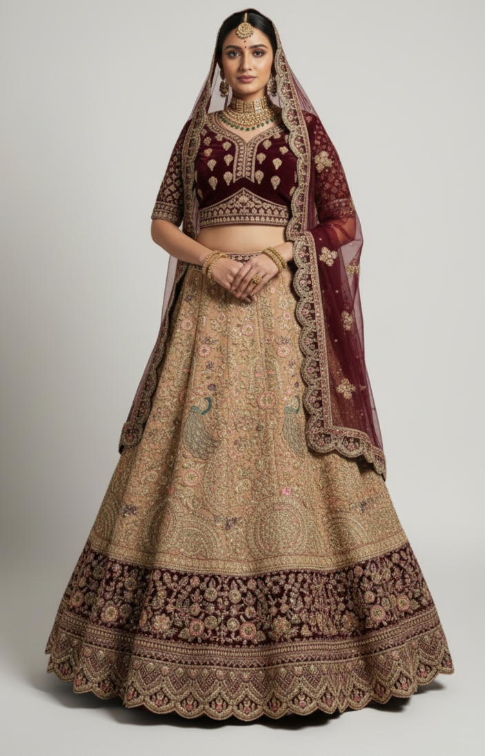 Maroon Velvet & Gold Heritage Lehenga
