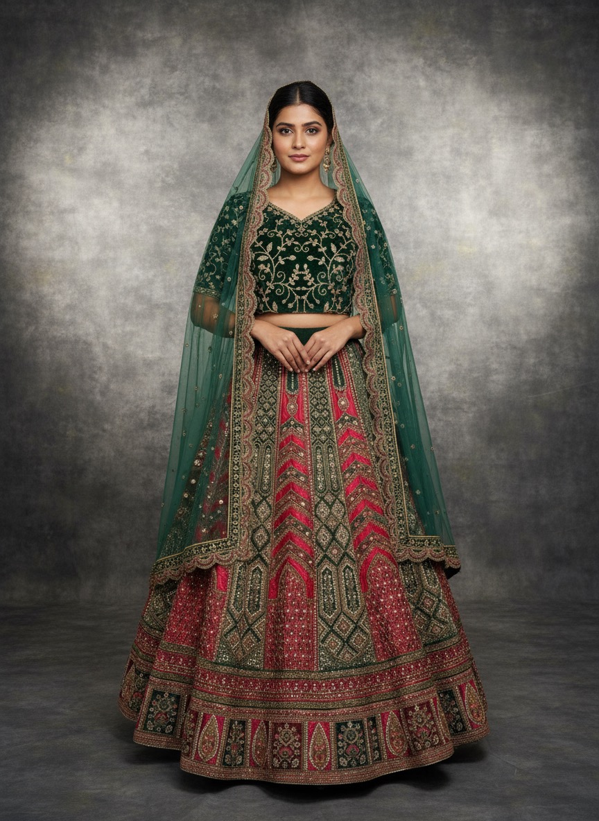 Emerald Green and Rani Pink Lehenga