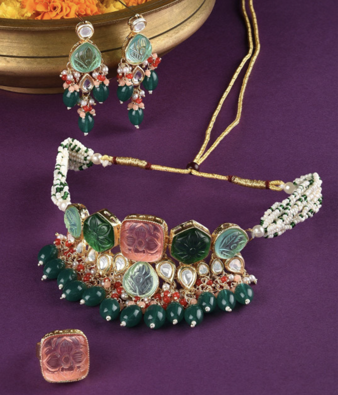 Elegant Gemstone Gold-Plated Studded Jewellery Set
