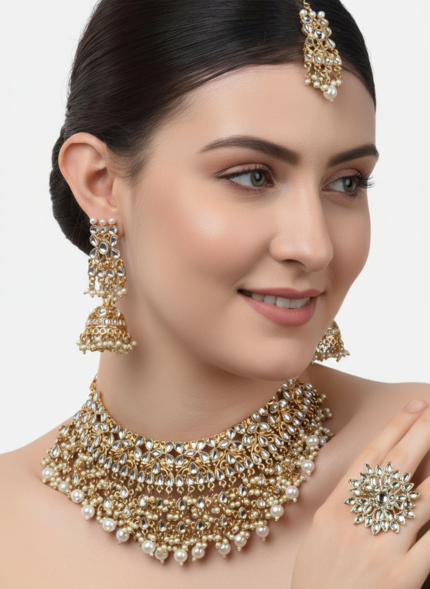 Traditional Gold-Plated & White Studded Kundan & Beaded Jewellery Set