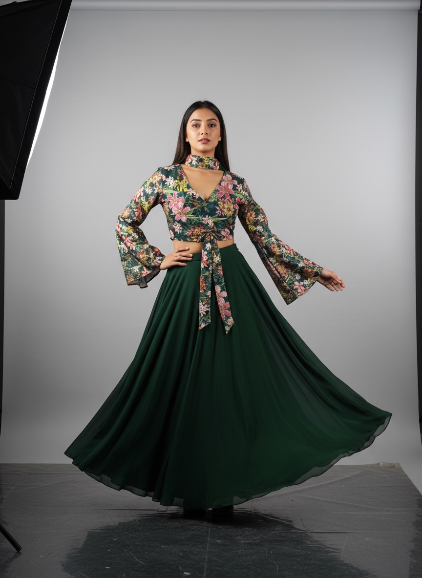 Floral Crop Top and Flared Maxi Skirt Set