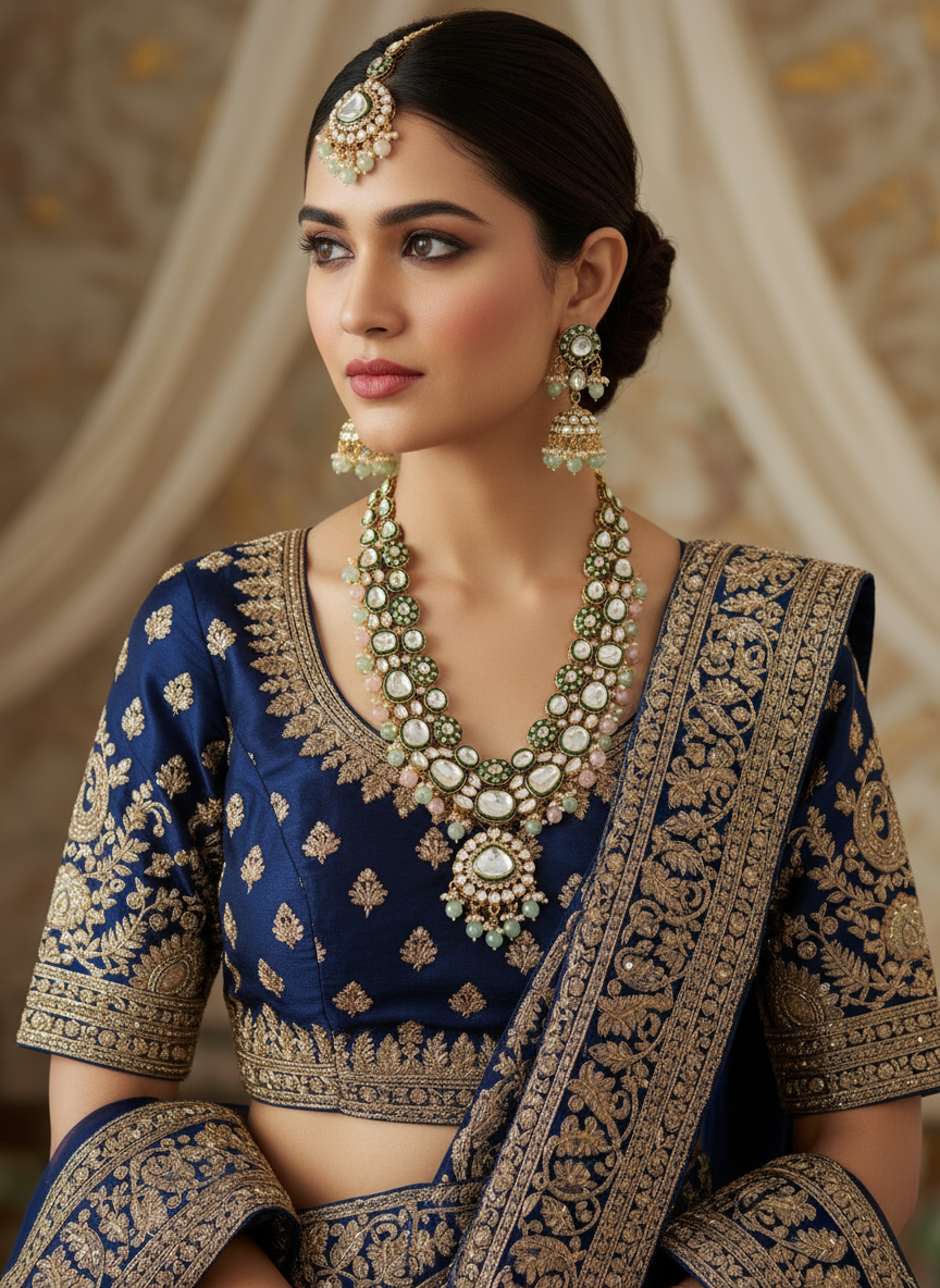 Gold-Plated Stones Studded & Beaded Meenakari Jewellery Set