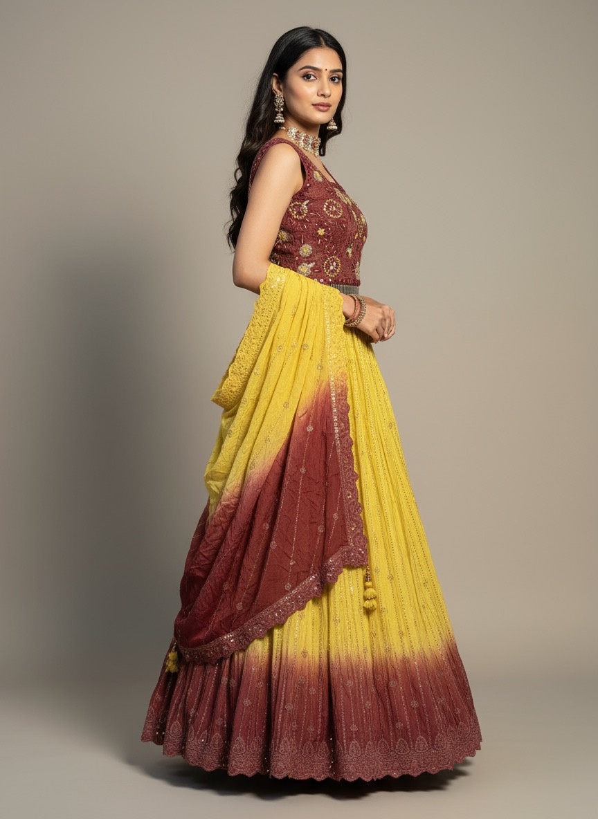 Yellow and Maroon Designer Lehenga