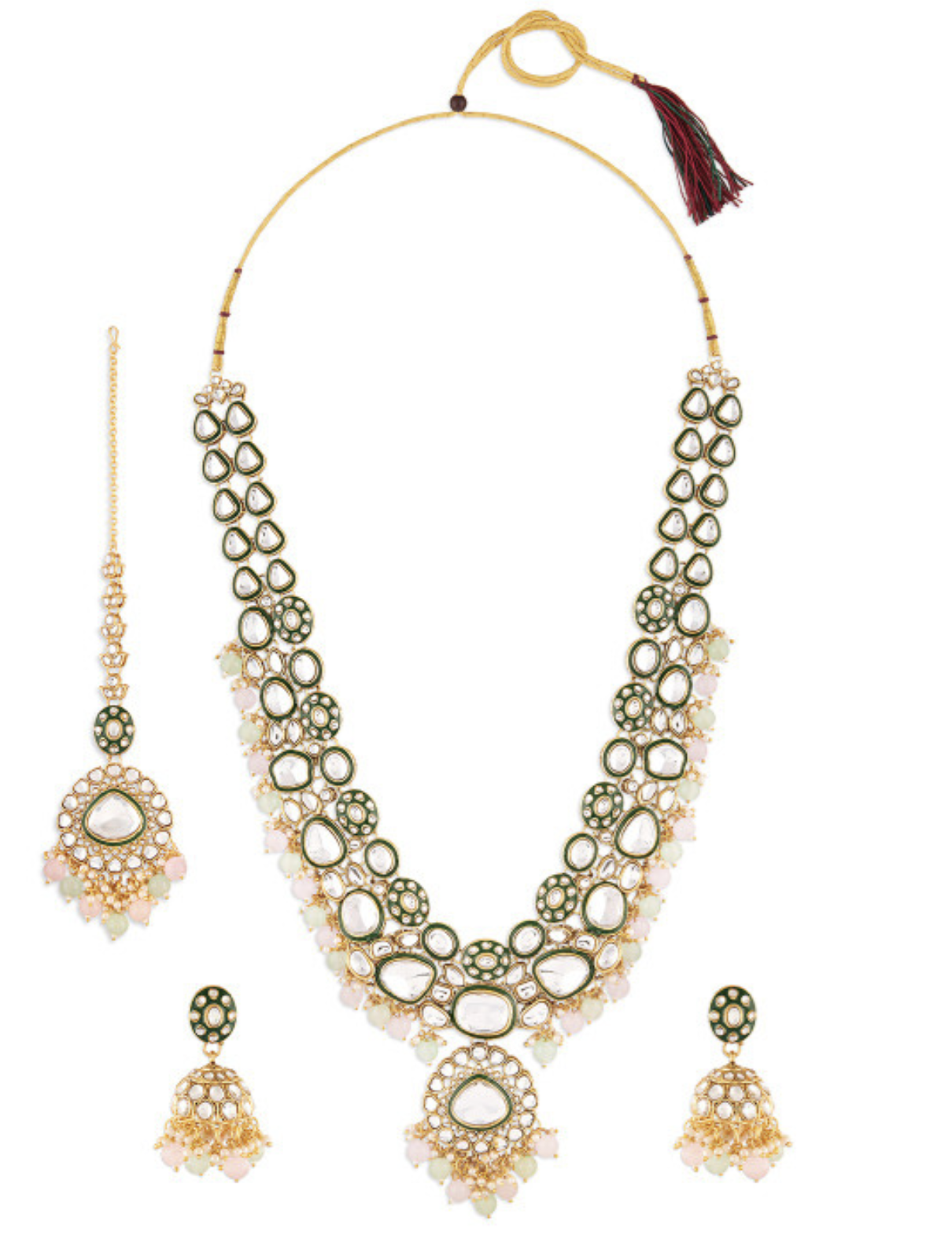 Gold-Plated Stones Studded & Beaded Meenakari Jewellery Set