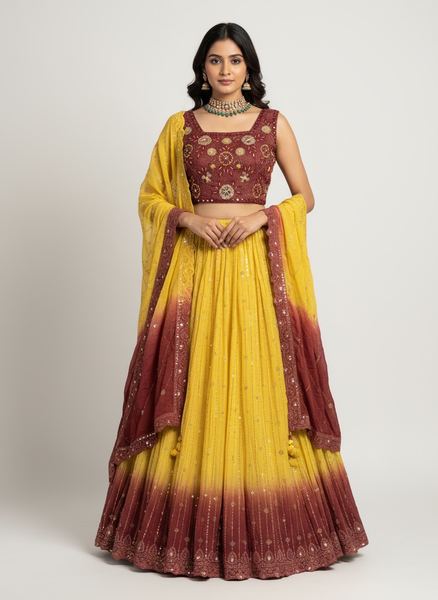 Yellow and Maroon Designer Lehenga