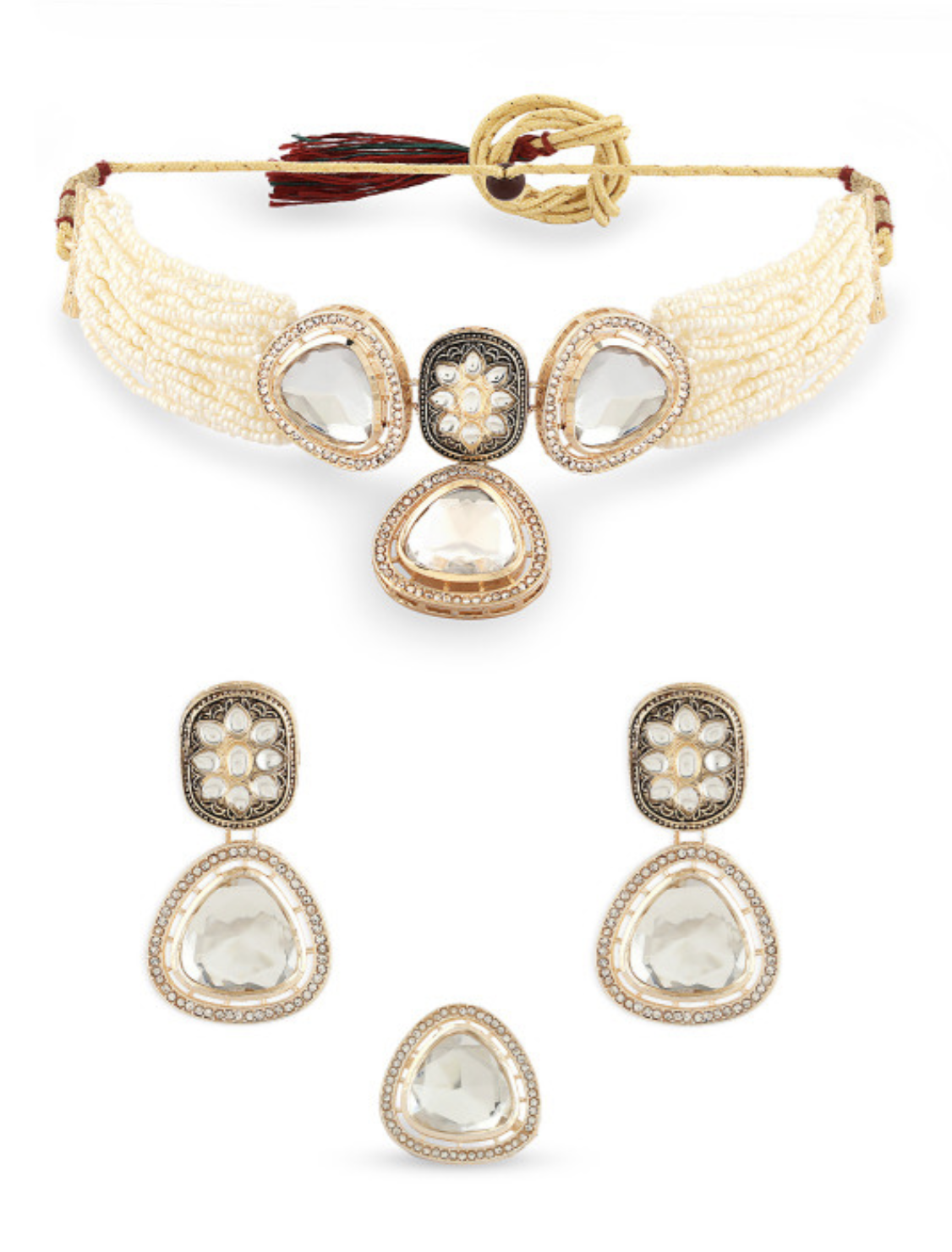 Elegant Gold-Plated American Diamond-Studded Necklace With Earrings & Finger Ring