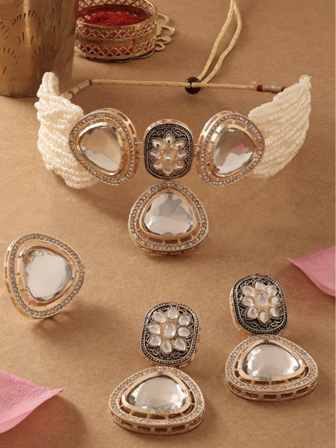 Elegant Gold-Plated American Diamond-Studded Necklace With Earrings & Finger Ring