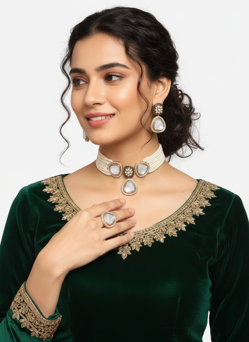 Elegant Gold-Plated American Diamond-Studded Necklace With Earrings & Finger Ring