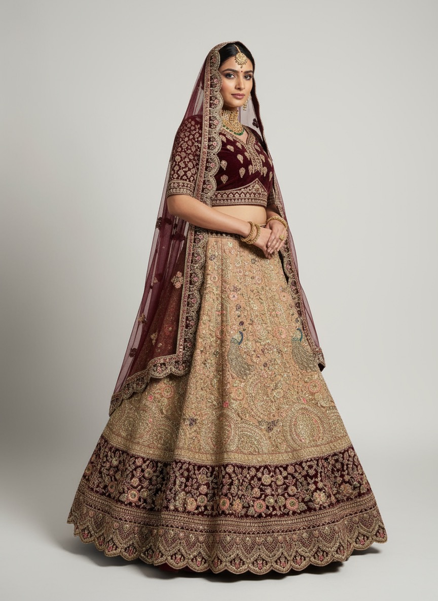 Maroon Velvet & Gold Heritage Lehenga