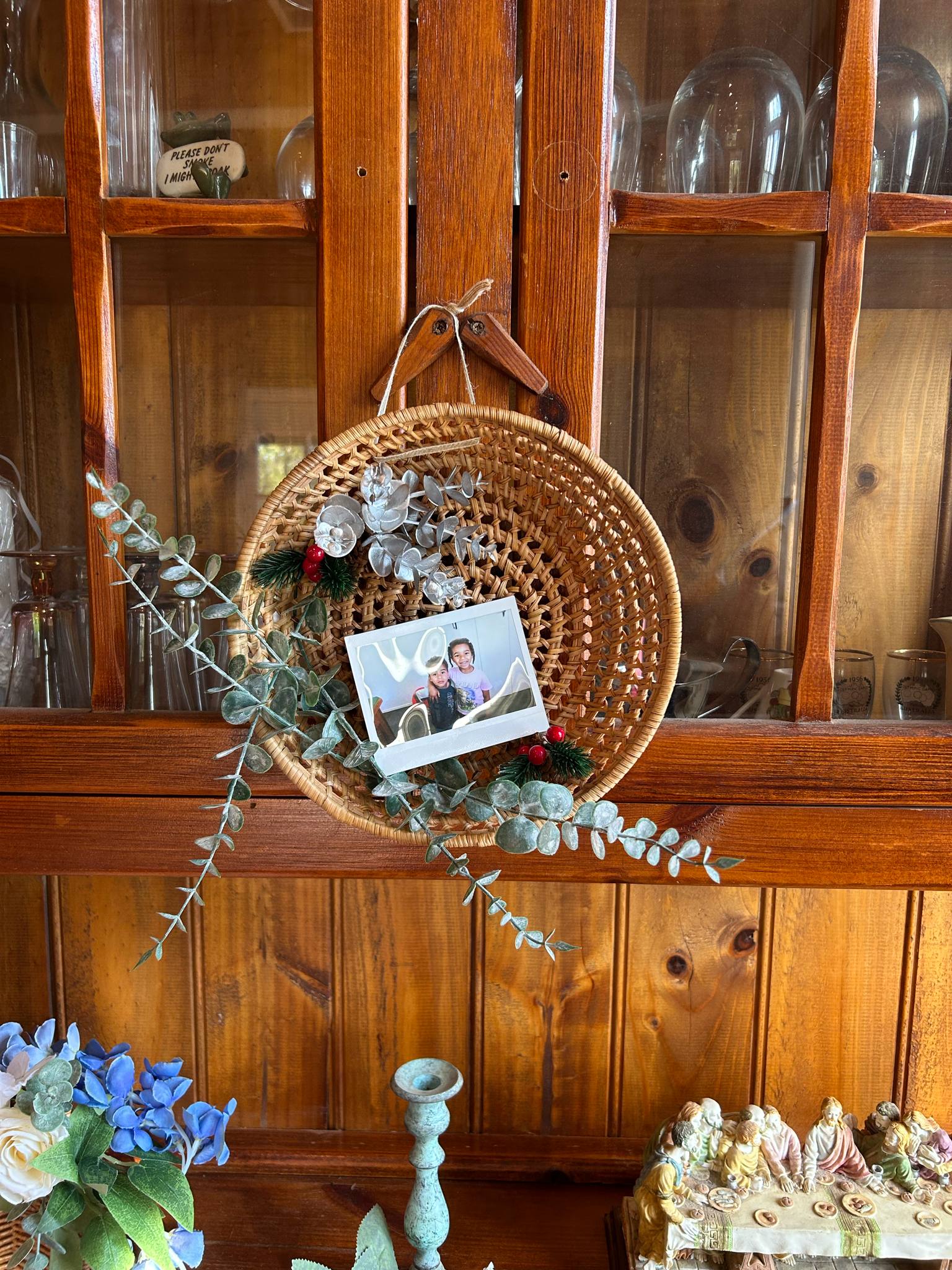 Handcrafted DIY Floral arrangement with basket as Photo Frame for small instant photos
