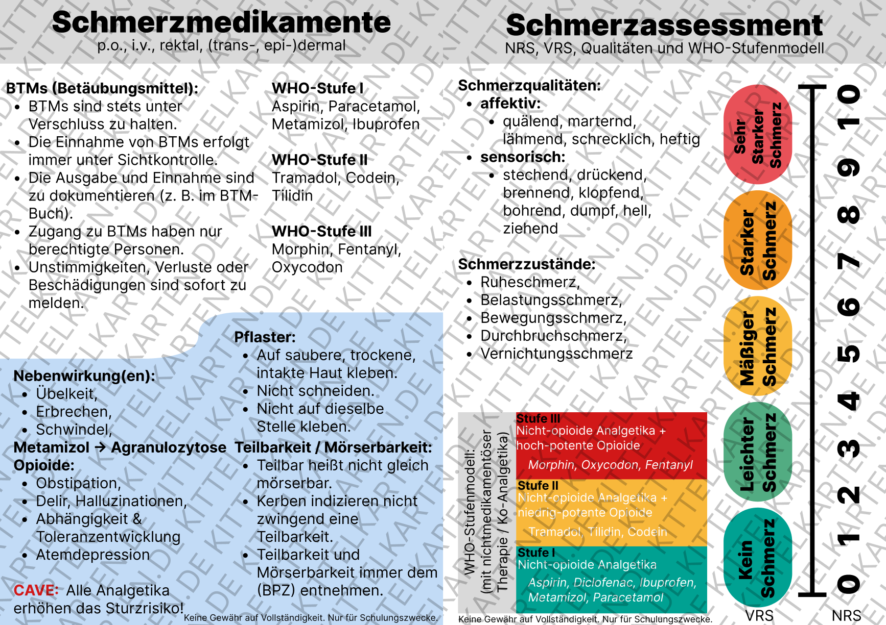 Schmerzmedikamente und Schmerzassessment Spickzettel