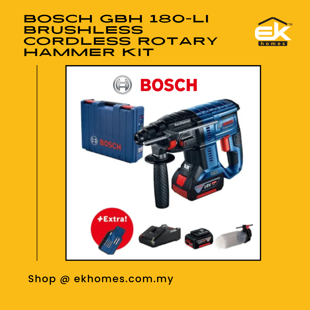 Bosch GBH 180-LI Professional Brushless Cordless Rotary Hammer Kit + 6pcs Accessories