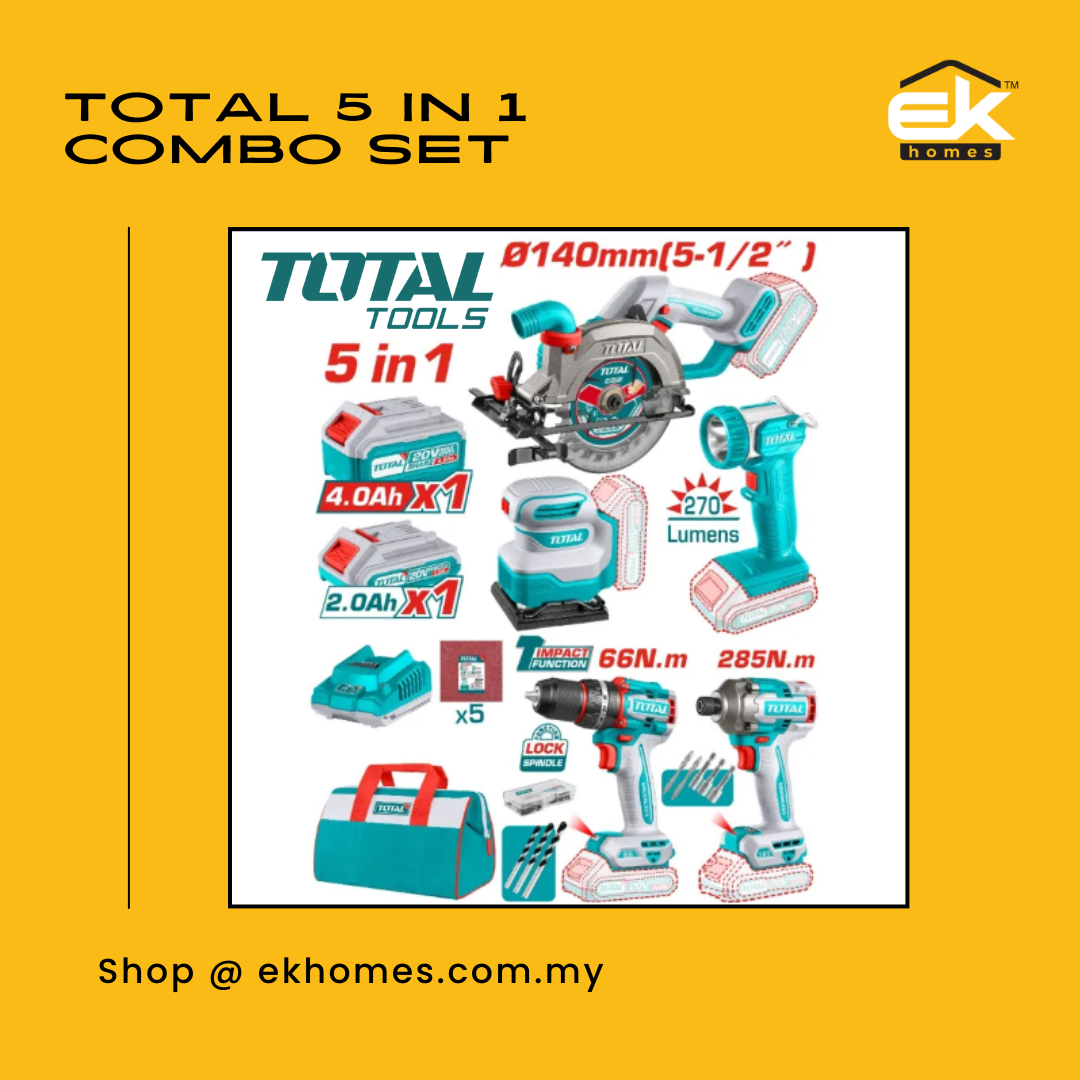 Total 5 in 1 Combo Set with Circular Saw(140mm) + Compact Drill(66nm) + Impact Driver(285nm) + Lamp + Sander 