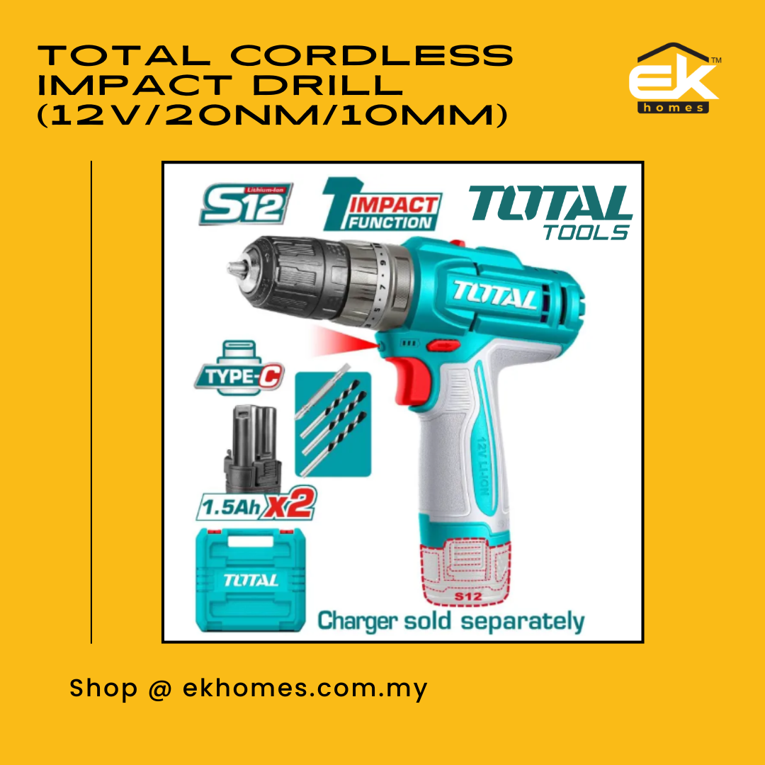 Total Cordless Impact Drill (12V/20Nm/10mm) 2 Speed Gear + 1.5Ah Battery (2 Pcs) + Charger + Bit + Case 