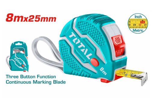 TOTAL Steel Measuring Tape (5m, 8m, 10m), Reading in Metric (centimetres & metres) & Imperial (inches & feet) 