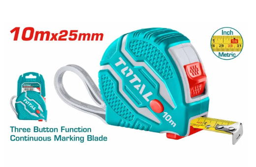 TOTAL Steel Measuring Tape (5m, 8m, 10m), Reading in Metric (centimetres & metres) & Imperial (inches & feet) 