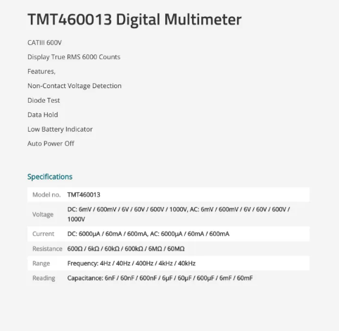 TOTAL Digital Multimeter, CATIII 600V, Display True RMS 6000 Counts, Non-Contact Voltage Detection 
