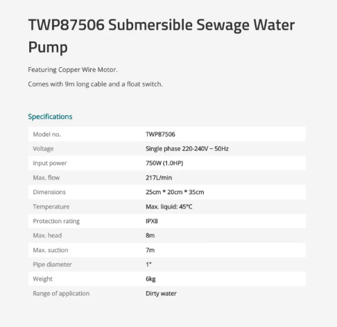 Total Submersible Sewage Water Pump (750W, 1HP), for Dirty Water, w/ Float Switch + 8m Cable, Max. Head: 8m, Pipe: 1" 