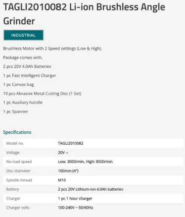 Total Cordless Li-Ion Brushless Angle Grinder Set 