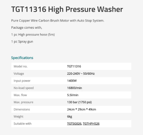 Total High Pressure Washer (1400W), w/ Pure Copper Wire Carbon Brush Motor, incl. Spray Gun + Hose