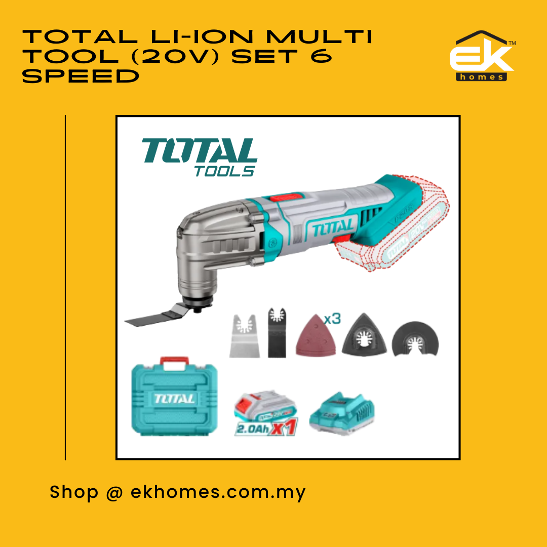 Total Li-ion Multi Tool (20V) Set, 6 Speed (Adjustable) + Scraper + Saw Blade (2 Pcs) + Sanding Paper 