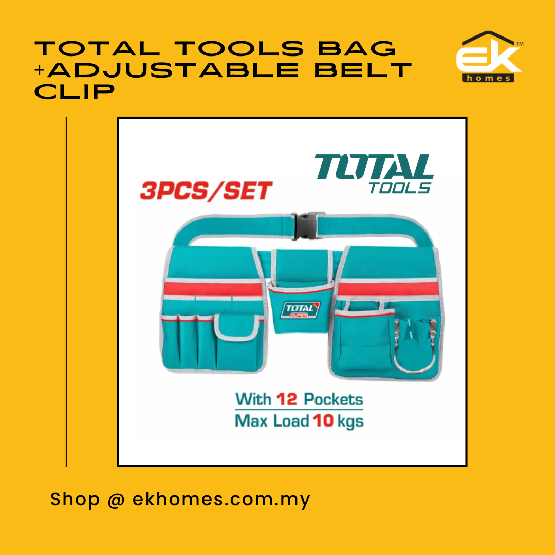 Total Tools Bag (12 Pockets + Hammer Holder) Adjustable Belt Clip (92-127cm) + Small Pouch + 2 x Big Pouches 