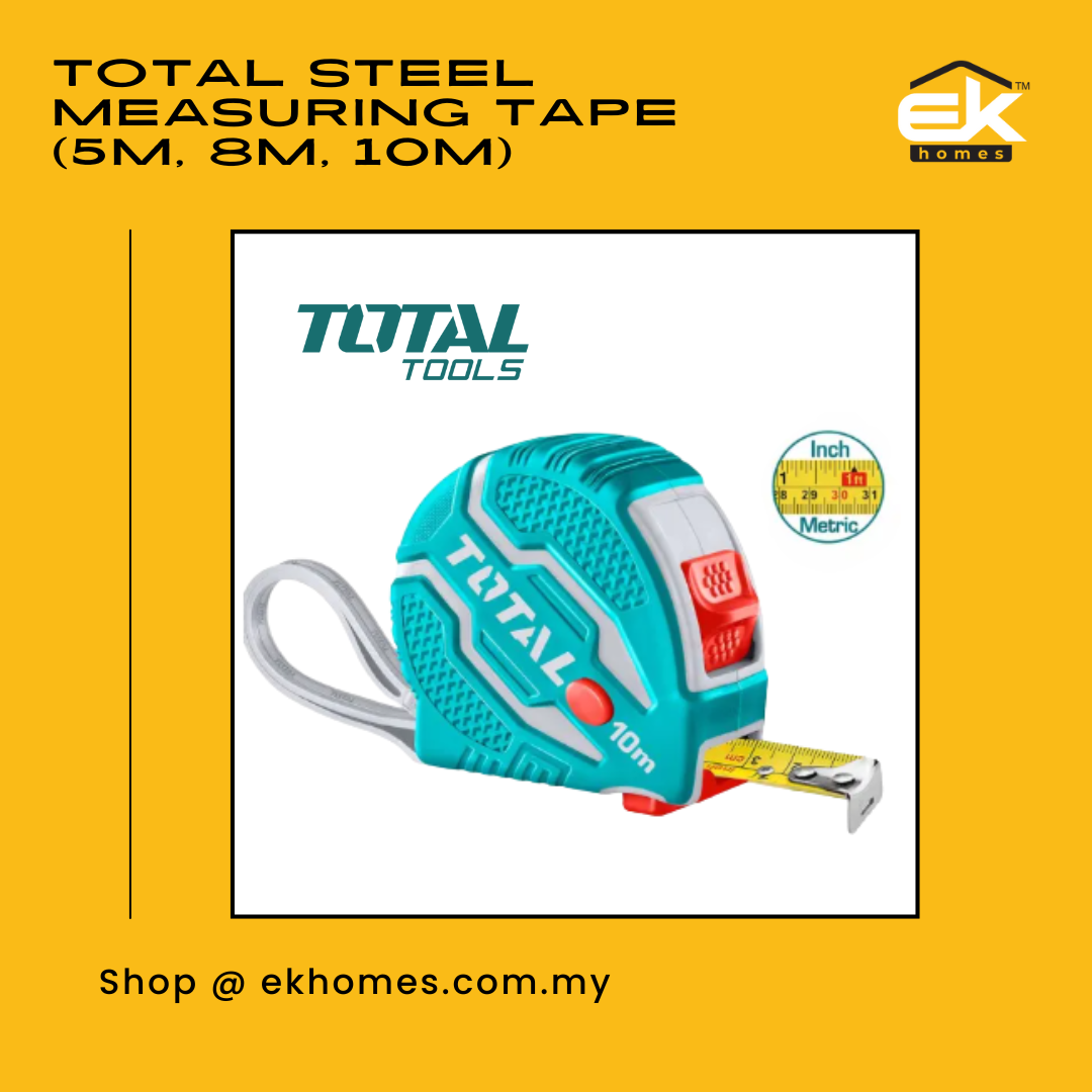 TOTAL Steel Measuring Tape (5m, 8m, 10m), Reading in Metric (centimetres & metres) & Imperial (inches & feet) 