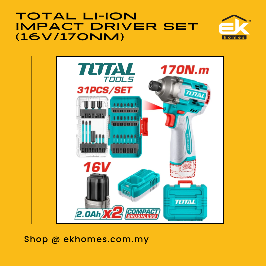Total Li-ion Impact Driver (16V/170Nm) + 2.0Ah Battery (2 Pcs) + Charger + Accessories + Case 