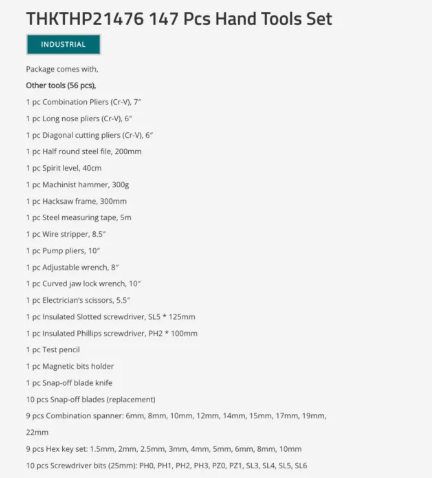 Total 147 Pcs Hand Tools Set with Pliers, Screwdriver, Hammer, Wrench, Ratchet Wrench & Hex Socket 
