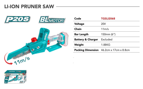 Total Li-ion Mini Chain Saw With Brushless Motor Set + Electronic Brake (6"/20V) 