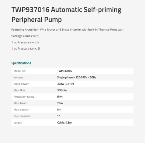 Total Automatic Self-Priming Peripheral Pump (370W, 0.5HP), Max. Head: 28m, Max. Suction: 8m, 1" Pipe, IP4X