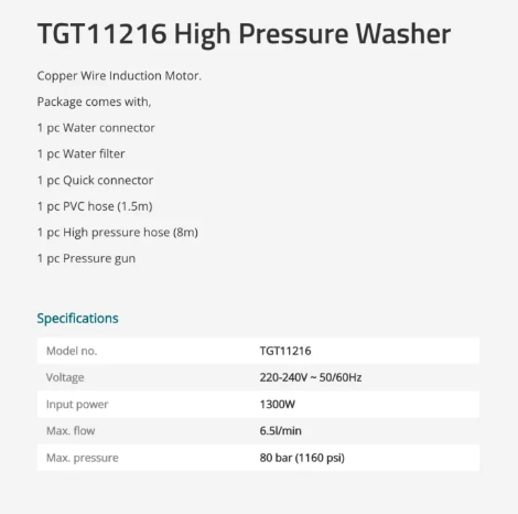 Total High Pressure Washer (1300W), Copper Wire Induction Motor, Flow: 6.5l/min, Pressure: 80 bar (1160 PSI) 