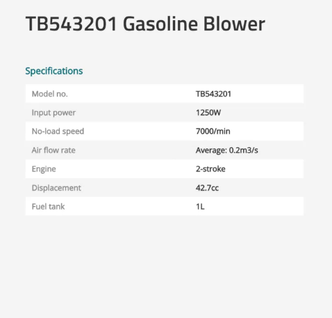 Total Gasoline Blower (1250W), Flow Rate: 0.2m3/s, 2-Stroke Engine, 42.7cc, 1L Fuel Tank