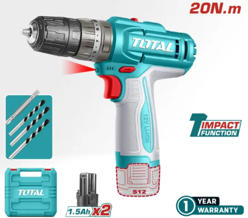Total Cordless Impact Drill (12V/20Nm/10mm) 2 Speed Gear + 1.5Ah Battery (2 Pcs) + Charger + Bit + Case 
