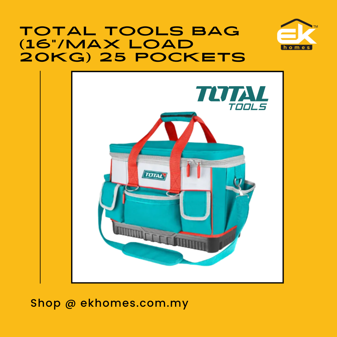 Total Tools Bag (16"/Max Load 20kg) 25 Pockets + Adjustable Shoulder Strap 