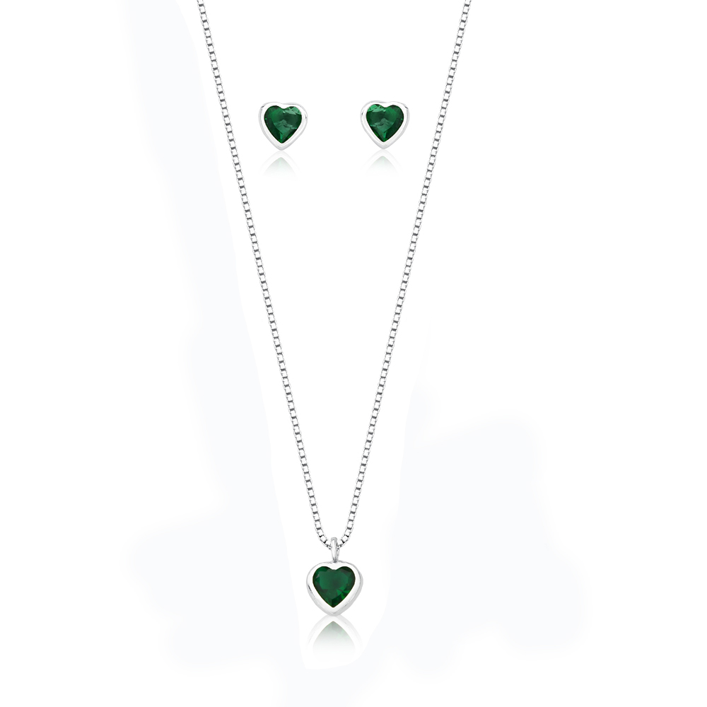 Conjunto de Colar e Brincos com Pedras Naturais Verdes em Forma de Coração