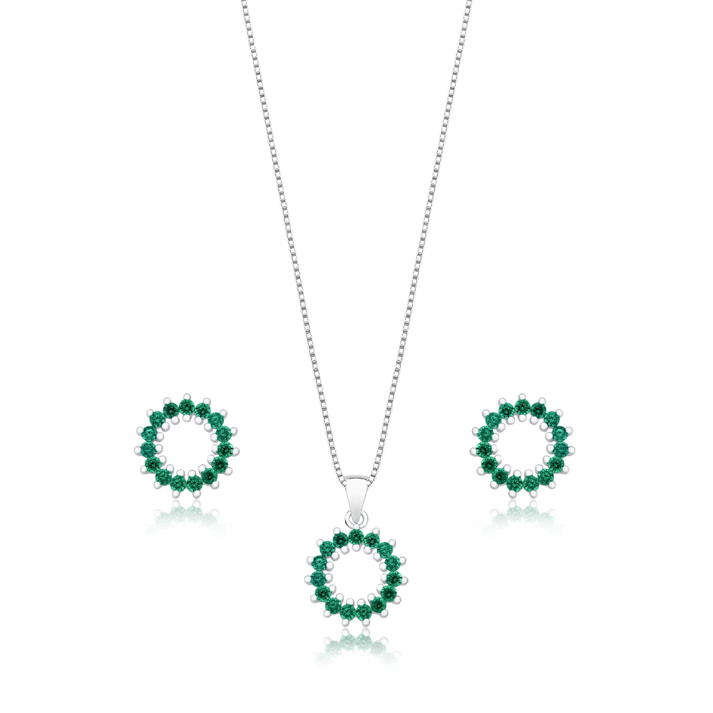 Conjunto de colar e brincos com pedras verdes