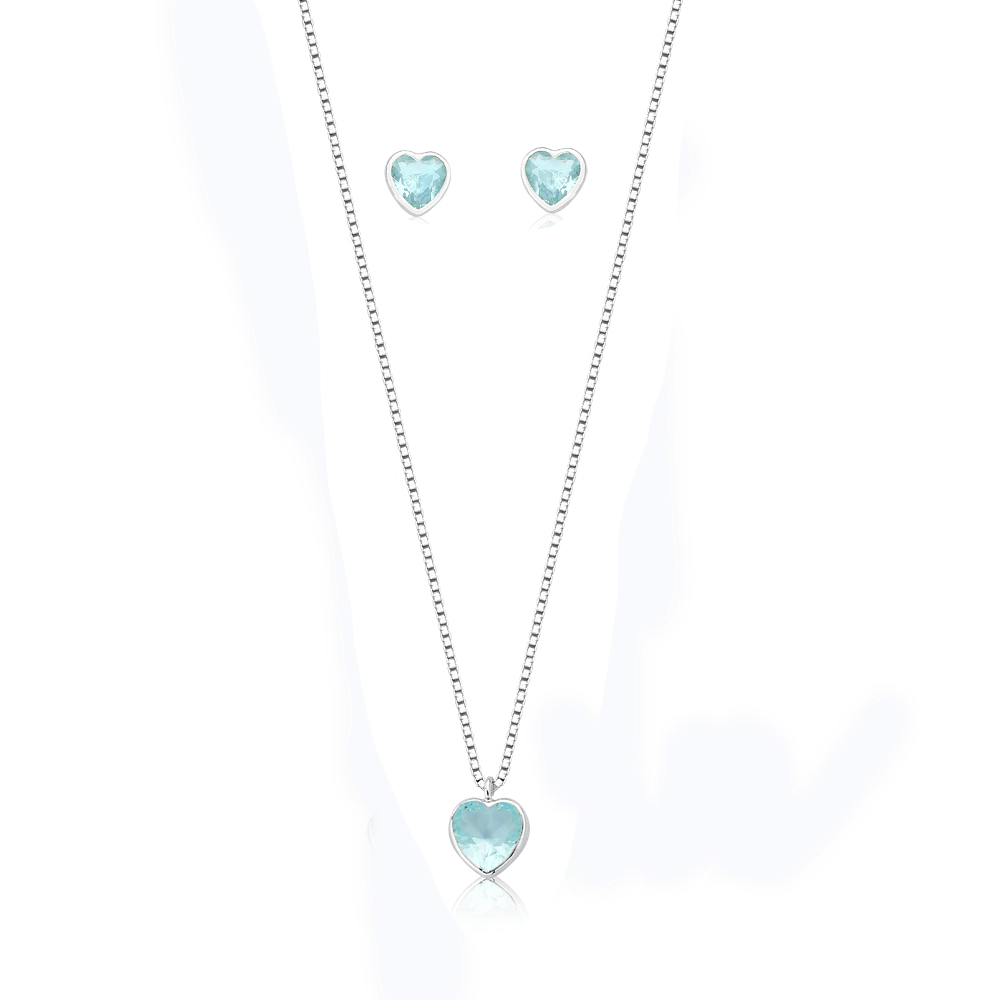 Conjunto de colar e brincos coração azul