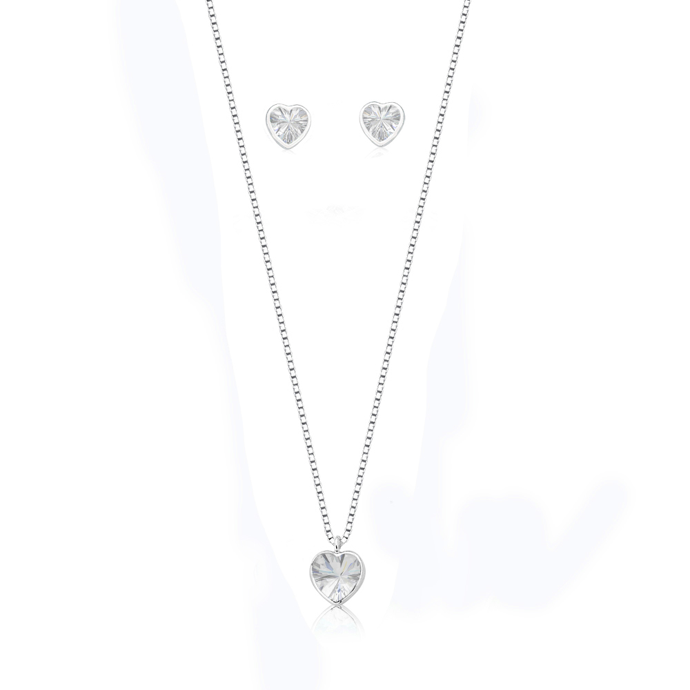 Conjunto de colar e brincos coração cravejado