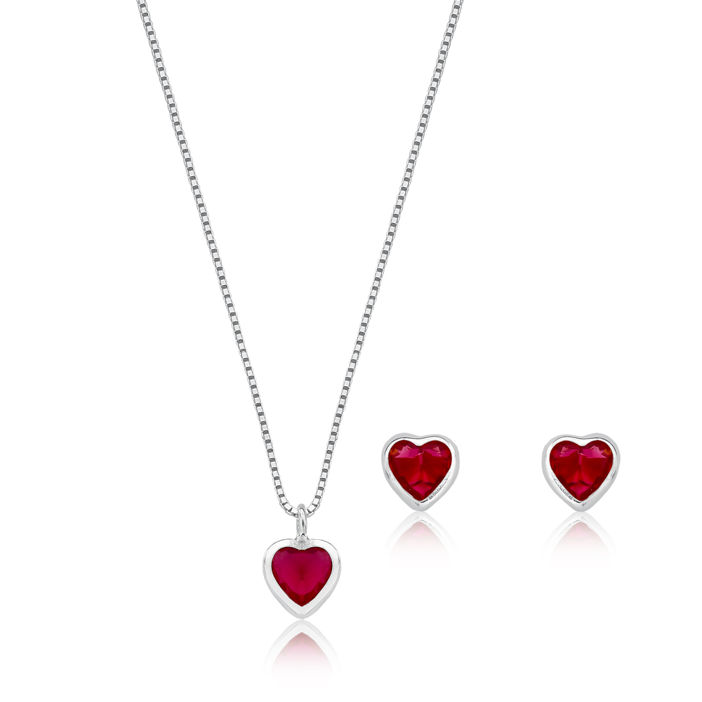 Conjunto de colar e brincos coração vermelho