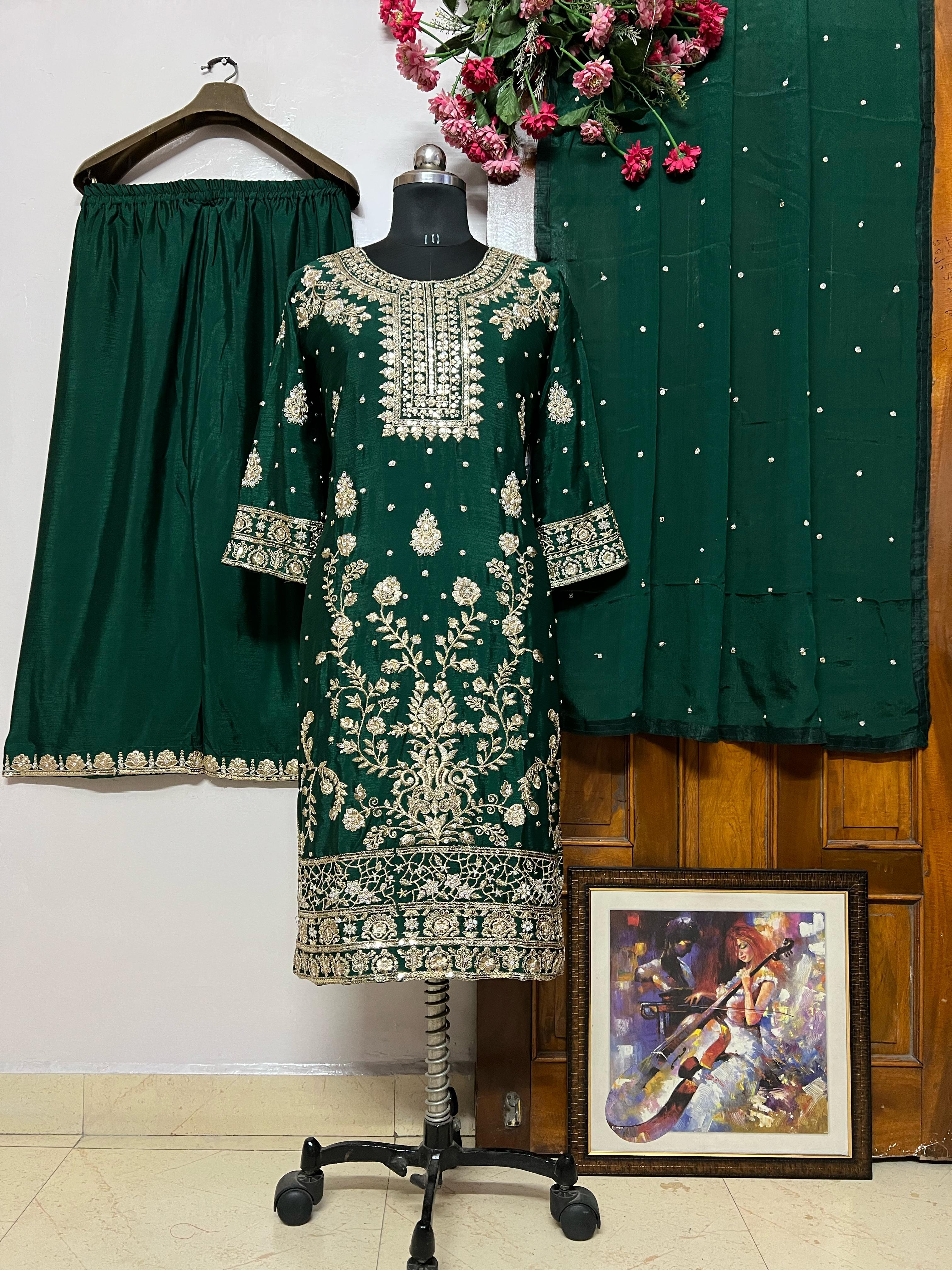 Elegant Flared Chinon Silk Kurti-Plazzo Set with Dupatta