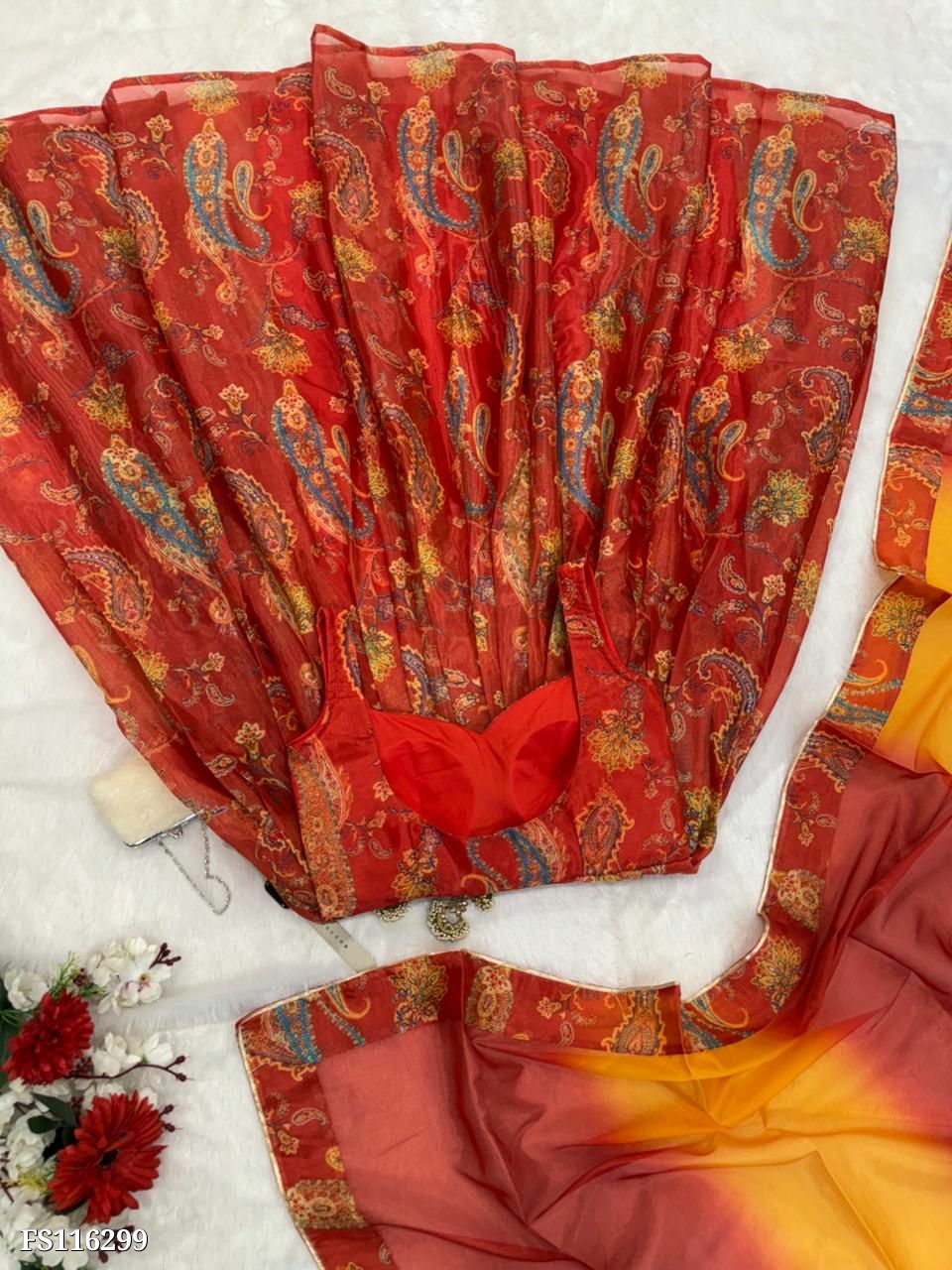 Red floral printed pehnava