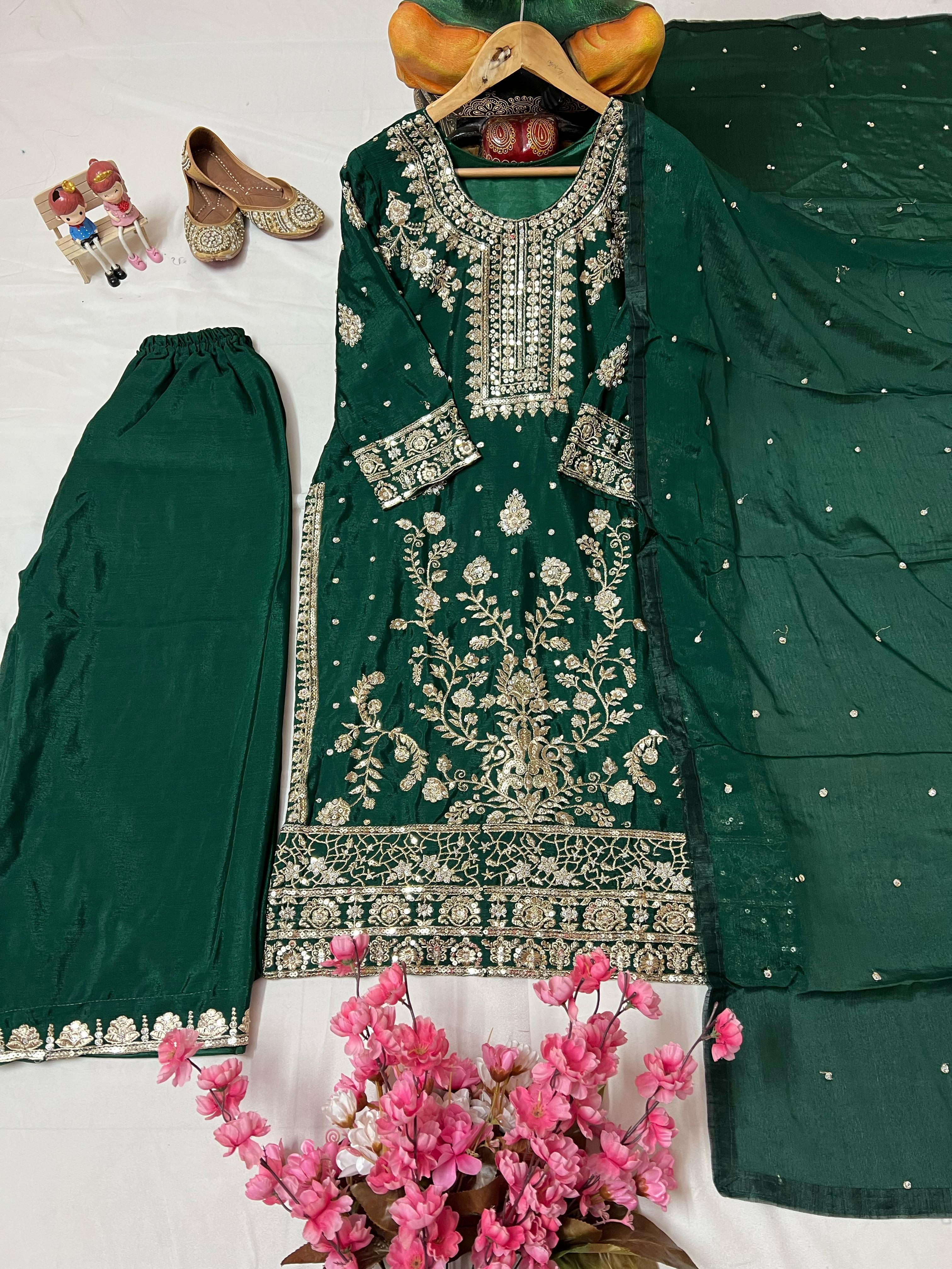 Elegant Flared Chinon Silk Kurti-Plazzo Set with Dupatta